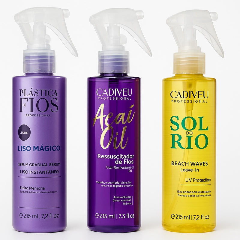 Cadiveu Magic Hair Smoothing Fluid Spray Trio Plastica dos Fios, Acai Milk, Sol do Rio Bundle